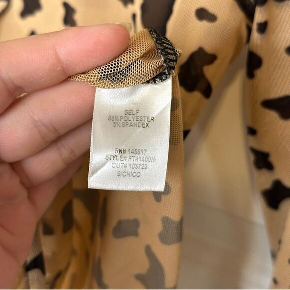 Lilly’s Kloset Tan Black Cqw Print Lettuce Trim Lomgsleeve Mesh Bodysuit Sz S - Picture 6 of 7